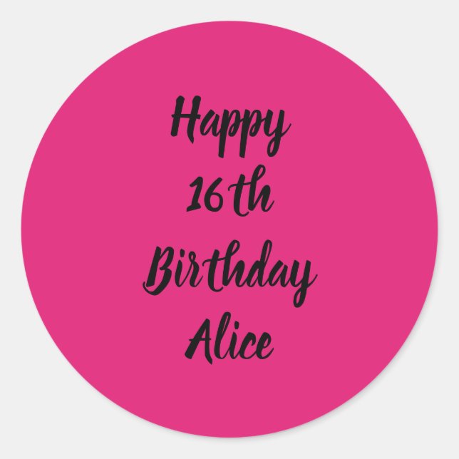 Adesivo Redondo Feliz 16.º aniversário, Pink Black Name Girly (Frente)