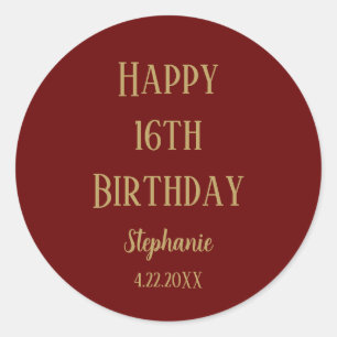 Adesivo Redondo Feliz 16.º Aniversário Sesseis Dourados Cute Verme