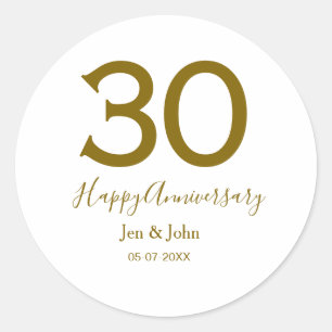 Adesivo Redondo Feliz 30º aniversário nome data letras douradas em