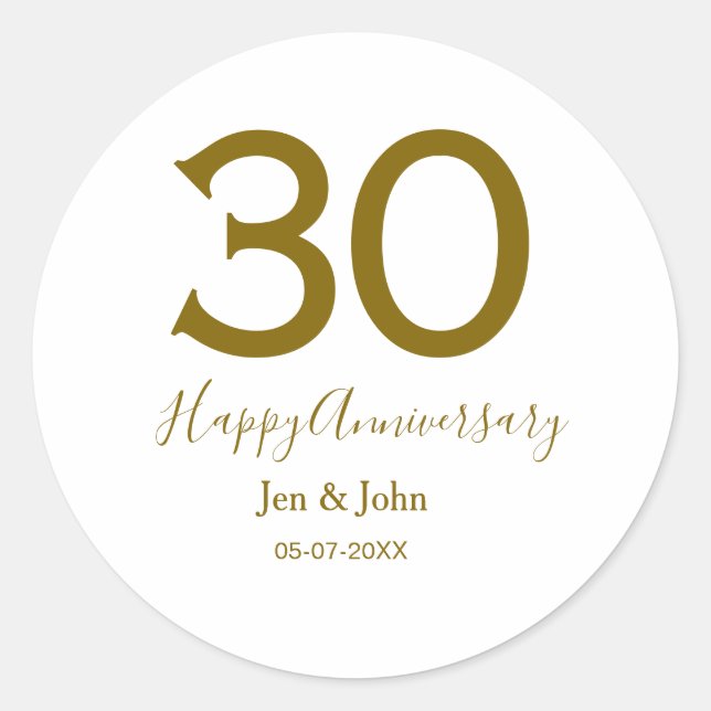 Adesivo Redondo Feliz 30º aniversário nome data letras douradas em (Frente)