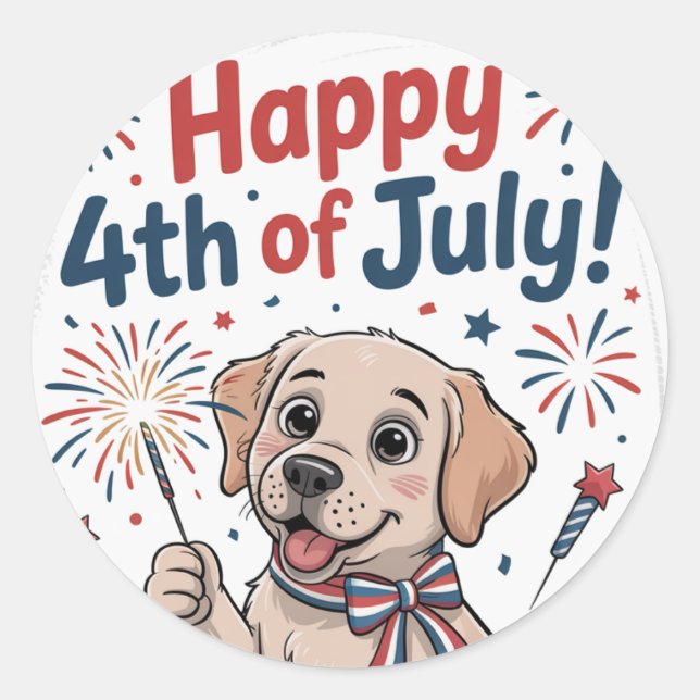 Adesivo Redondo "Feliz 4 de julho" Cão Adorável (Frente)