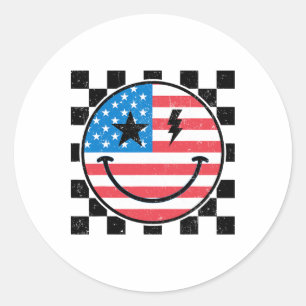 Adesivo Redondo Feliz 4 de julho, Groovy Smile Face Red White Blue