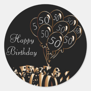 Adesivo Redondo Feliz 50º aniversário Balões Pretos