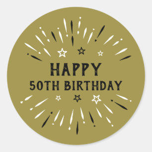 Adesivo Redondo Feliz 50º aniversário Fogos de artifício Dourados,