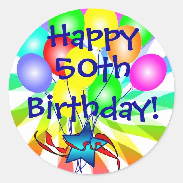 Adesivo Redondo Feliz 50º ou? Vinhetas de Aniversário Festivas (Frente)