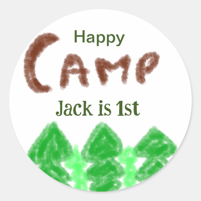 Adesivo Redondo Feliz acampamento de aniversários crianças árvores (Frente)