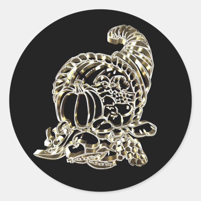 Adesivo Redondo Feliz Ação de Graças Elegante Ouro Cornucopia (Frente)