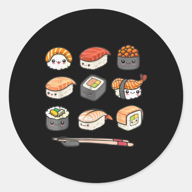 Adesivo Redondo Feliz anime Sushi Kawaii set Comida japonesa Lover (Frente)