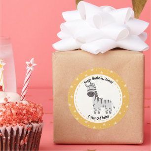 Adesivo Redondo Feliz Aniversário, 1 Ano Hoje, Nome da Zebra Cuta