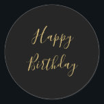 Adesivo Redondo Feliz Aniversário Amarelo Dourado Texto Personaliz<br><div class="desc">Desenhado com modelo de texto amarelo dourado para mensagem de "Feliz Aniversário" que você pode editar para personalizar e também fundo de cor personalizada!</div>