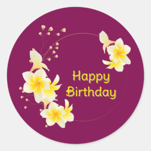 Adesivo Redondo Feliz Aniversário Amarelo Floral Dourado
