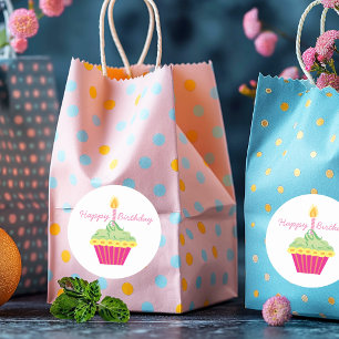 Adesivo Redondo Feliz Aniversário Amarelo Verde e Cupcake Rosa