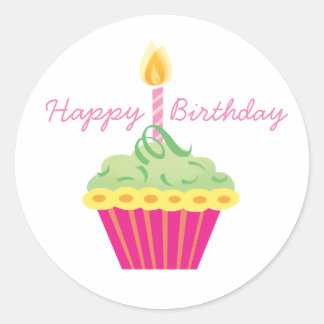 Adesivo Redondo Feliz Aniversário Amarelo Verde e Cupcake Rosa