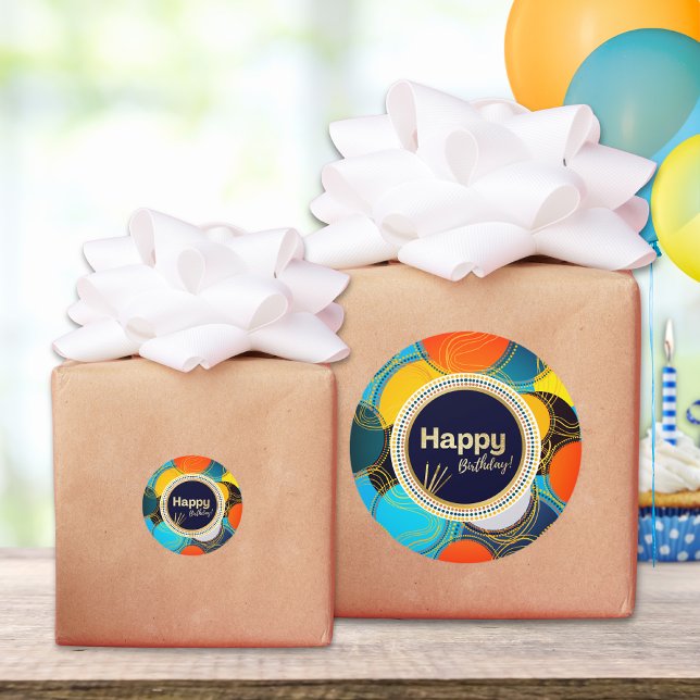 Adesivo Redondo Feliz Aniversário anos 80 Colorida Retro Abstrato  (Criador carregado)