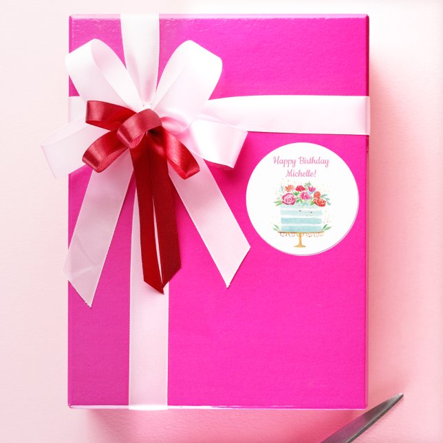 Adesivo Redondo Feliz Aniversário Aquarela Floral Bolo de Aniversá (Criador carregado)