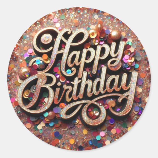 Adesivo Redondo Feliz Aniversário, Aterro Glittere (Frente)