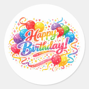 Adesivo Redondo Feliz Aniversário Balões de Arco-Íris Confetes Tex