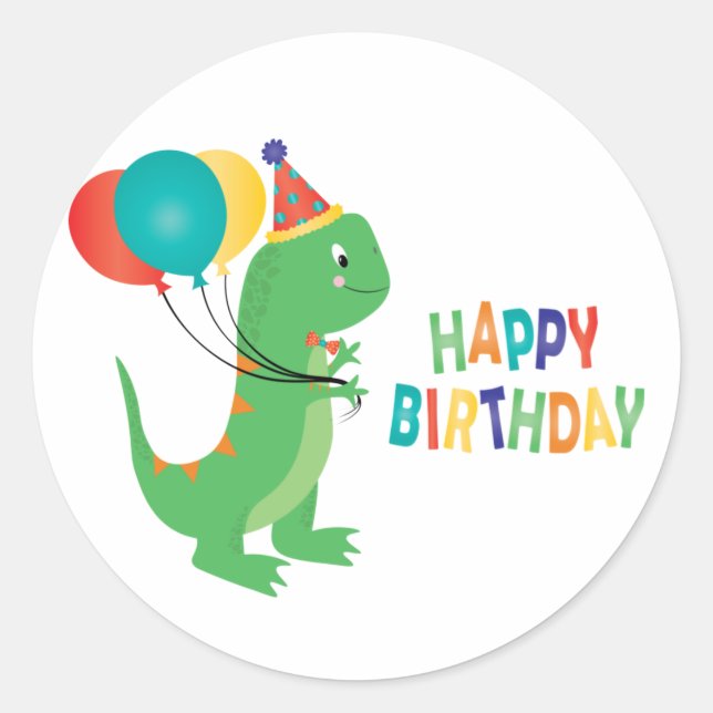 Adesivo Redondo Feliz aniversário Balões de Dinossauro (Frente)
