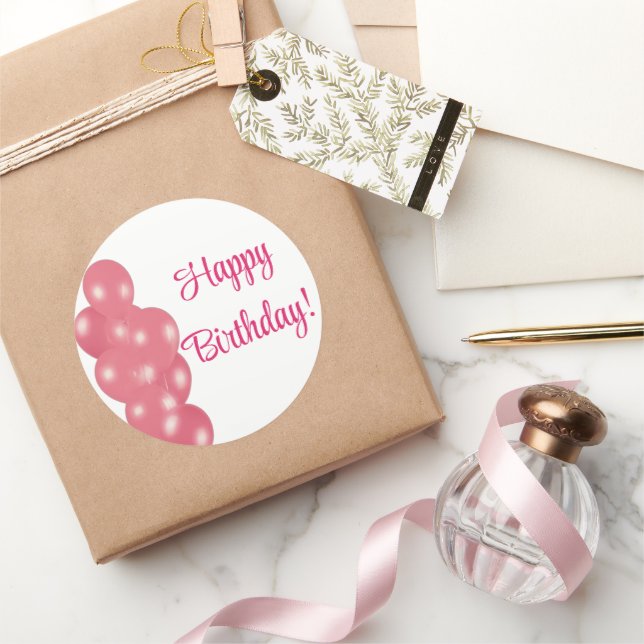 Adesivo Redondo Feliz Aniversário Balões Rosa Simples (Presentear)