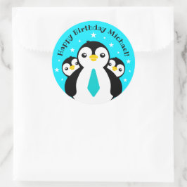 Adesivo Redondo Feliz Aniversário Bonito Pinguins Pescoços Azuis