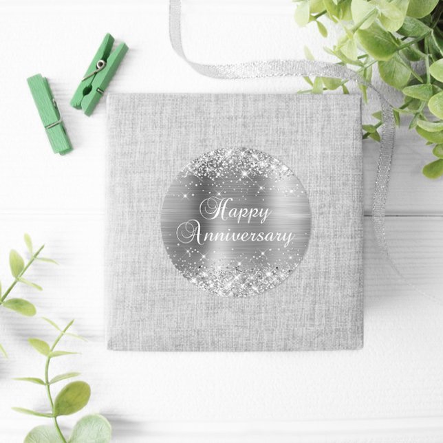 Adesivo Redondo Feliz Aniversário Brilhante em Folha de Prata (Silvery Glitter Favor Stickers)