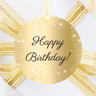 Adesivo Redondo Feliz Aniversário Brilho Dourado