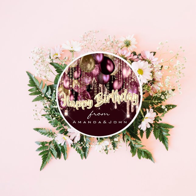 Adesivo Redondo Feliz aniversário Burgundy Drives Dourados Balão M (Criador carregado)