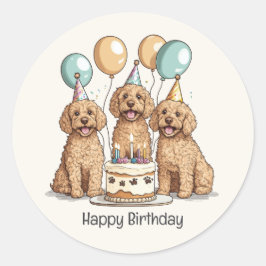 Adesivo Redondo Feliz Aniversário Cachorros de Goldendoodle