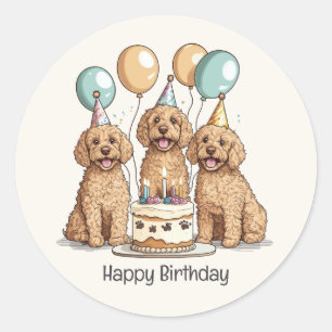 Adesivo Redondo Feliz Aniversário Cachorros de Goldendoodle