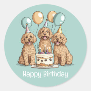 Adesivo Redondo Feliz Aniversário Cachorros de Goldendoodle