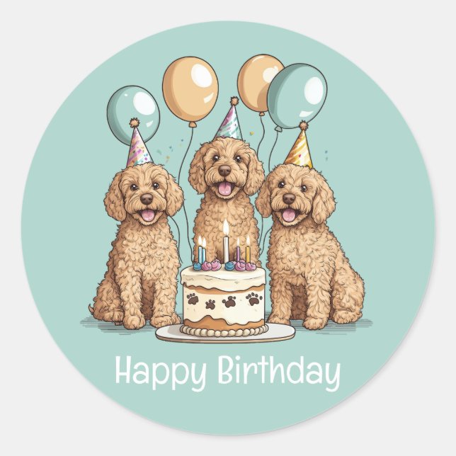 Adesivo Redondo Feliz Aniversário Cachorros de Goldendoodle (Frente)