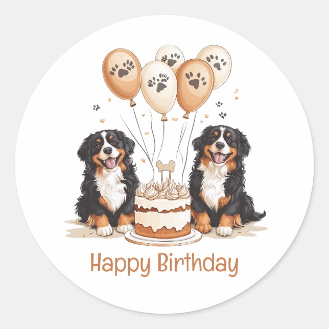 Adesivo Redondo Feliz Aniversário Cães de Montanha Bernese (Frente)