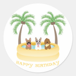Adesivo Redondo Feliz Aniversário Cães de Verão Nadando Piscina