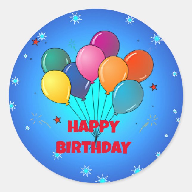Adesivo Redondo Feliz aniversário! Céu festivo estrelado, (Frente)