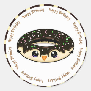 Adesivo Redondo Feliz aniversário, chocolate kawaii rosquinha