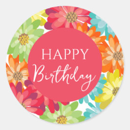 Adesivo Redondo Feliz Aniversário Colorida Flores de primavera
