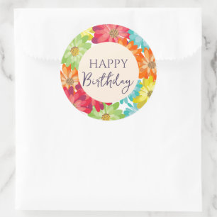 Adesivo Redondo Feliz Aniversário Colorida Flores de primavera