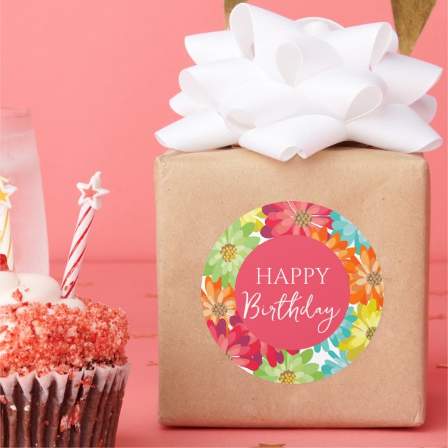 Adesivo Redondo Feliz Aniversário Colorida Flores de primavera (Festa)