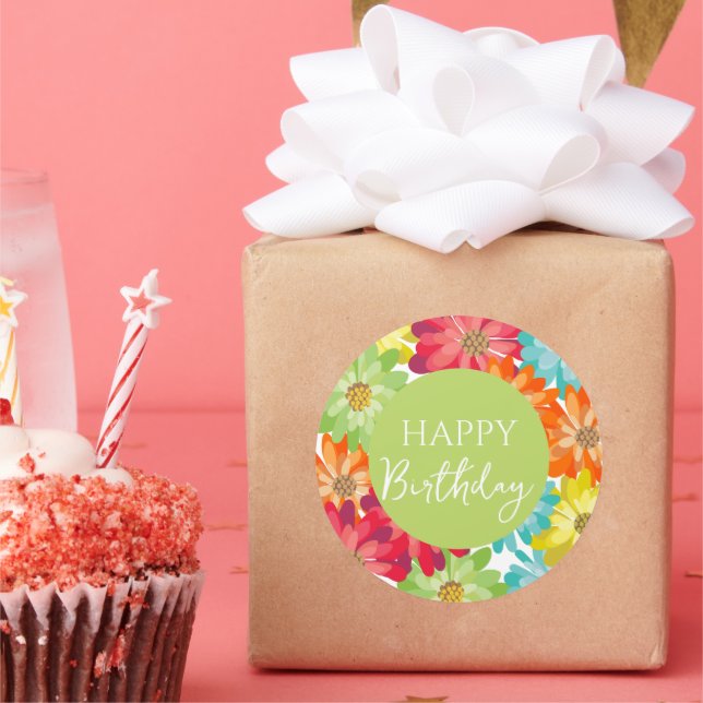 Adesivo Redondo Feliz Aniversário Colorida Flores de primavera (Festa)