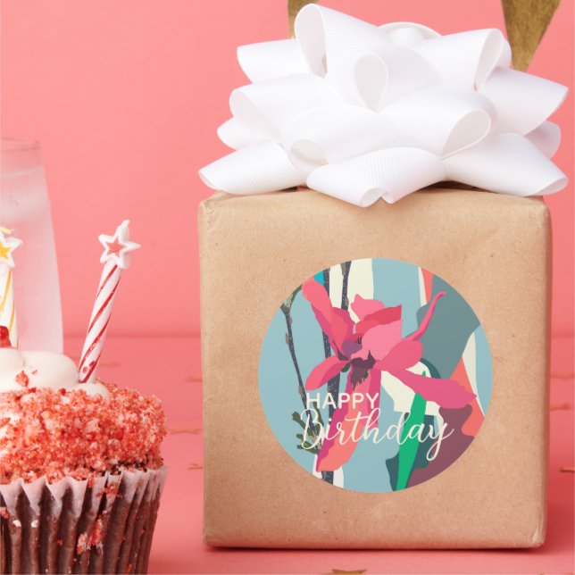 Adesivo Redondo Feliz Aniversário Colorida Magnolia Rosa Abstrato (Festa)