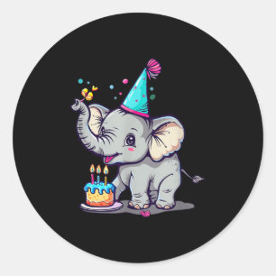 Adesivo Redondo Feliz Aniversário Com Um Grande Elefante, Chapéu D