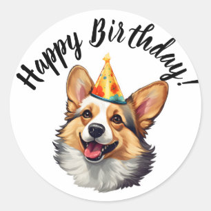 Adesivo Redondo Feliz aniversário, cone Corgi