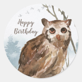 Adesivo Redondo Feliz Aniversário Coruja de Aquarelas