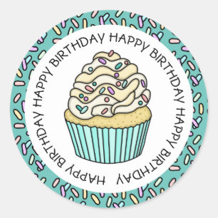 Adesivo Redondo Feliz Aniversário Cupcake Azul Turquesa e Baunilha
