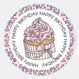 Adesivo Redondo Feliz Aniversário Cupcake Rosa e Baunilha