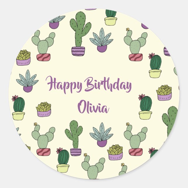 Adesivo Redondo Feliz Aniversário das Plantas Suculentas de Cactus (Frente)