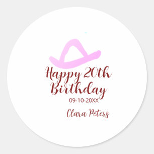 Adesivo Redondo Feliz aniversário de 20 anos menina cowboy rosa no