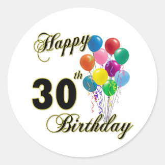 Adesivo Redondo Feliz aniversário de 30 anos e Roupa de aniversári