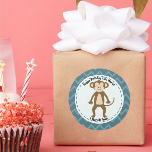 Adesivo Redondo Feliz Aniversário de Animais do Zoo Macaco