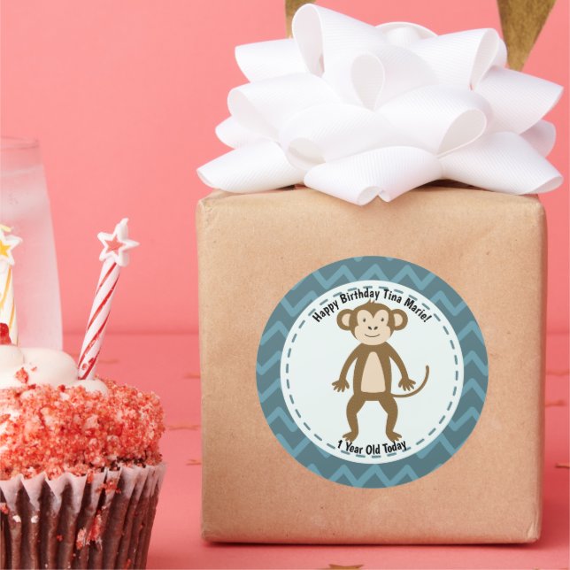 Adesivo Redondo Feliz Aniversário de Animais do Zoo Macaco (Festa)